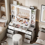 FURNJOYLIFE Farmhouse Makeup Vanity with Lighted Mirror & Charging Station, Vanity Desk Dresser Table with 3 Lighting Modes Brightness Adjustable,Drawers,Shelves,Hair Dryer Stand for Bedroom,White FURNJOYLIFE