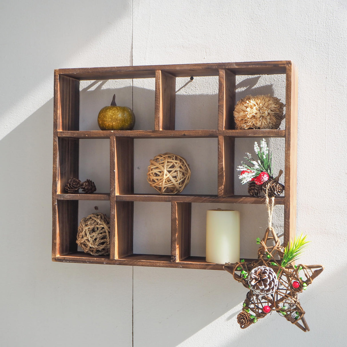 SOFE Small Brown Wood Shadow Box with Shelves, 3 Tier Wall Shelving Unit, 9-Compartment Wall Mounted Curio Cabinet, Knick Knack Display Shelf, Floating Cube Shelves for Walls, Shot Glass Display Case SOFE