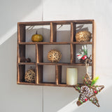 SOFE Small Brown Wood Shadow Box with Shelves, 3 Tier Wall Shelving Unit, 9-Compartment Wall Mounted Curio Cabinet, Knick Knack Display Shelf, Floating Cube Shelves for Walls, Shot Glass Display Case SOFE