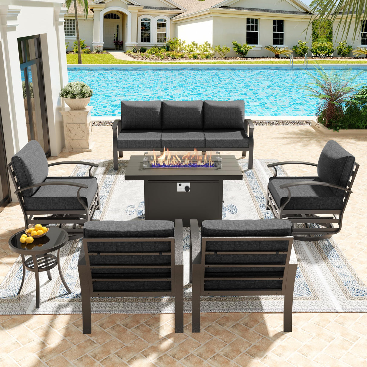 Kullavik Aluminum Patio Furniture Set,7 Pieces 7 Seat Metal Outdoor Furniture Conversation Set w/45 Propane Gas Fire Pit&Swivels,Black Kullavik