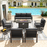 Kullavik Aluminum Patio Furniture Set,7 Pieces 7 Seat Metal Outdoor Furniture Conversation Set w/45 Propane Gas Fire Pit&Swivels,Black Kullavik