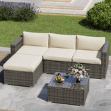SUNVIVI OUTDOOR Outdoor Patio Furniture Set, 5 Piece Patio Conversation Set, Waterproof Wicker Patio Furniture Set, All Weather Combination Patio Conversation Sets with Cushions and Glass Table, Beige SUNVIVI OUTDOOR