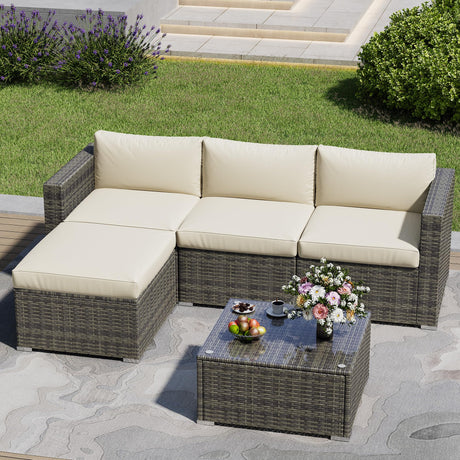 SUNVIVI OUTDOOR Outdoor Patio Furniture Set, 5 Piece Patio Conversation Set, Waterproof Wicker Patio Furniture Set, All Weather Combination Patio Conversation Sets with Cushions and Glass Table, Beige SUNVIVI OUTDOOR