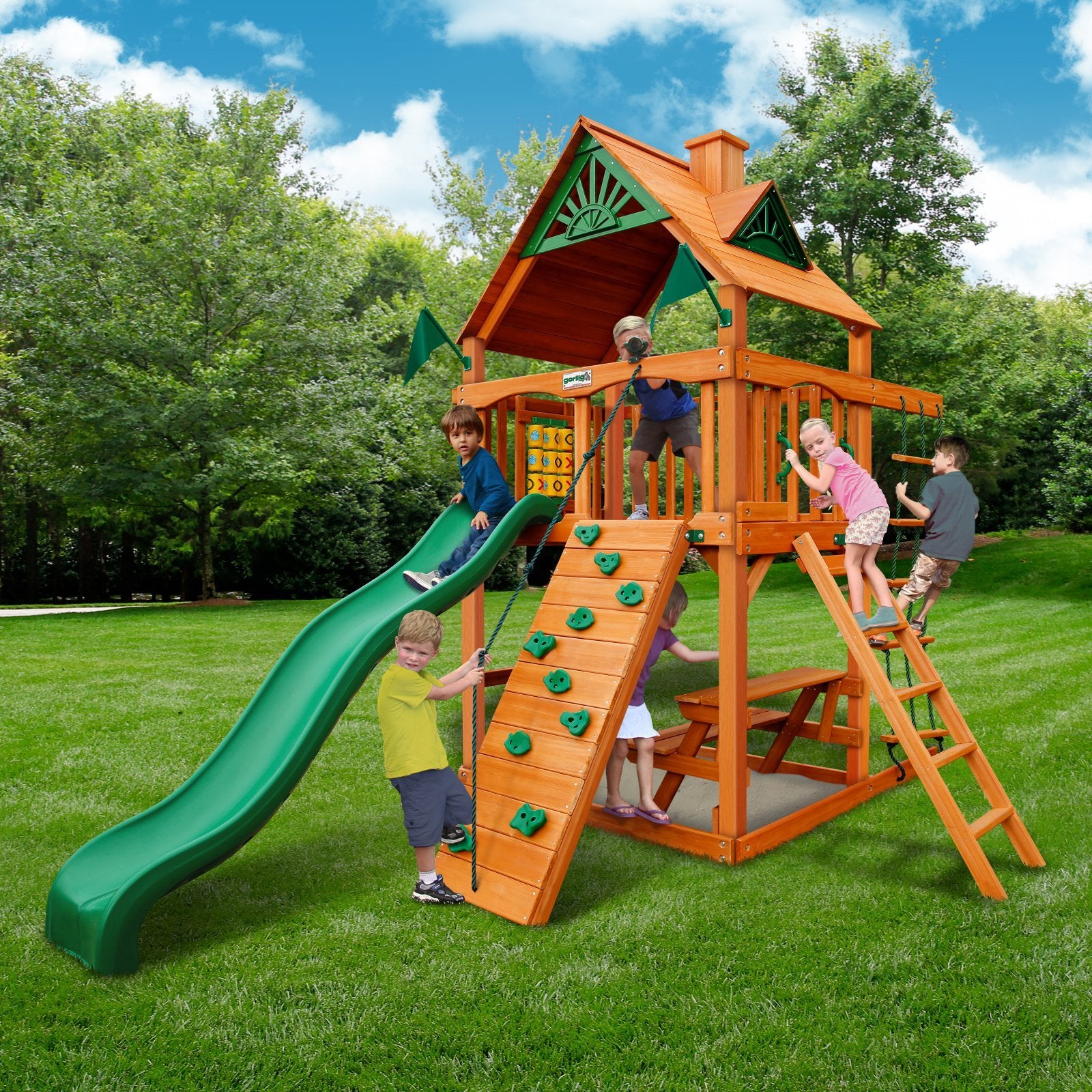 Gorilla Playsets 01-0061-AP-1 Chateau Tower Wooden Playset with Amber Posts, Slide, Climbing Wall, & Deluxe Green Vinyl Canopy - WoodArtSupply