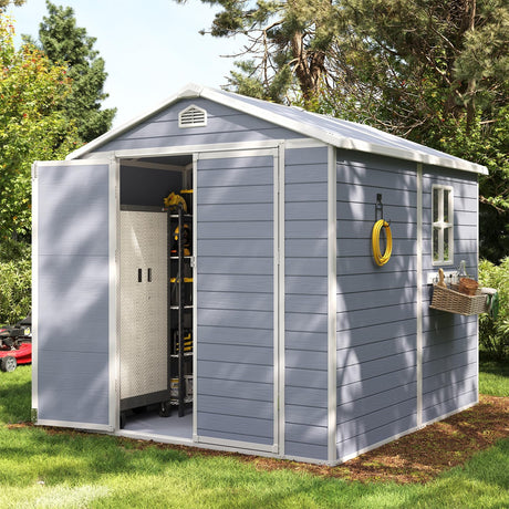 Aoxun 8 x 6 FT Outdoor Storage Shed with Window, Resin Shed with Floor & Lockable Doors, Garden Shed Waterproof Plastic Tool Shed with Sloped Roof for Backyard, Garden, Patio, Lawn, Grey Aoxun