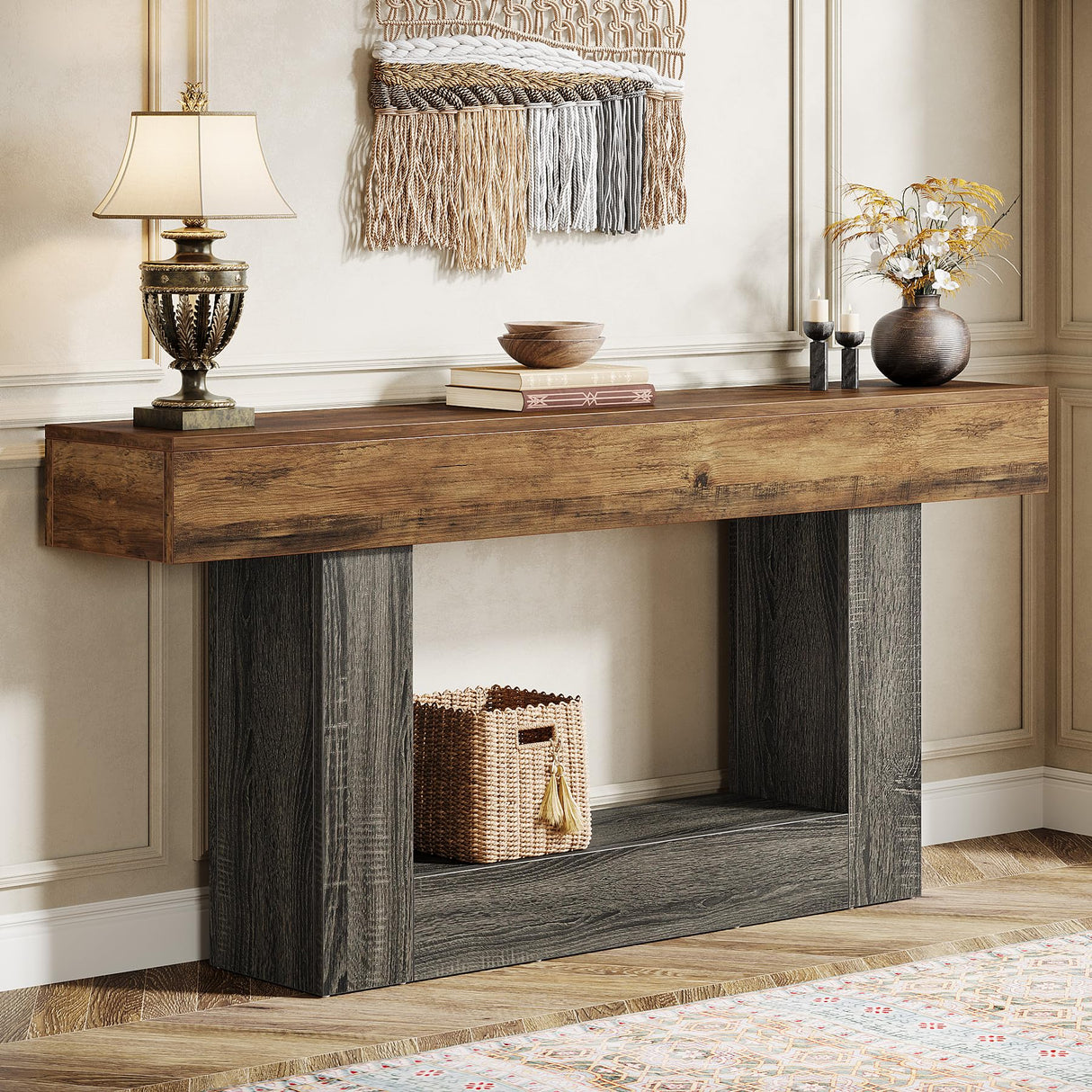 Tribesigns 63" Console Table, Farmhouse 2-Tier Entryway Table with U-Shaped Base, Narrow Long Wood Sofa Table Behind Couch Table for Living Room, Hallway, Foyer, Vintage Brown & Gray Tribesigns
