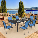 BUPPLEE 38"-84" Extendable Outdoor Dining Table Set for 4-8 Person, Rectangular Outdoor Furniture Adjustable Table & 6pcs Textilene Chairs for Porch,Backyard, Garden, Poolside and Deck-7 Piece Blue BUPPLEE