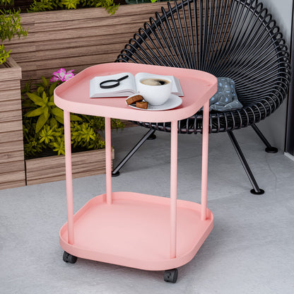 villertech Side Table with Wheels, End Table Living Room Plastic Mobile Sofa Side Table Small Night Stand Bedroom Pink