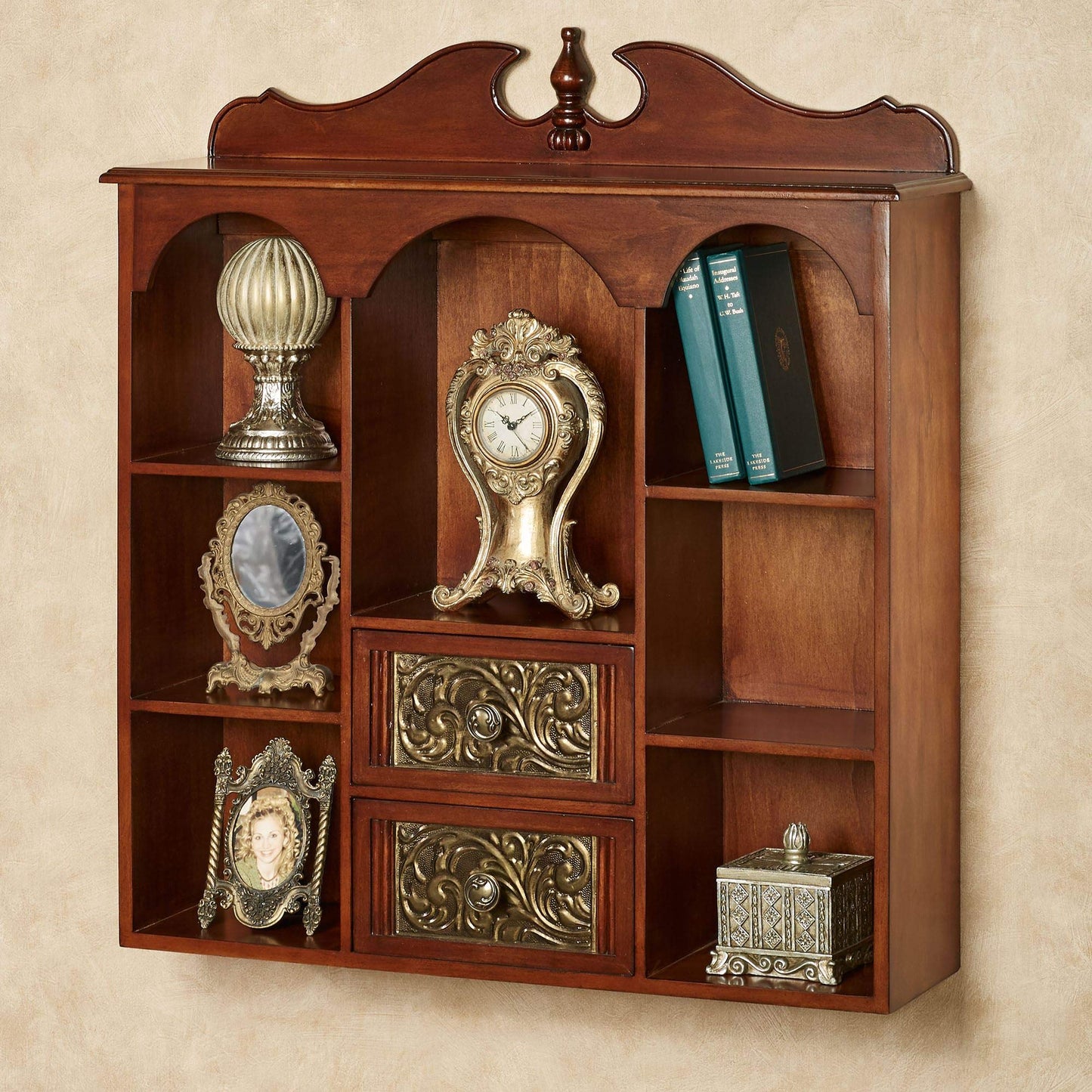 Sarantino Wall Wooden Curio Cabinet Natural Cherry - Traditional Style - Handcrafted Wood - Seven Shelves, Two Drawers - Ornate Medallion Designs - - WoodArtSupply