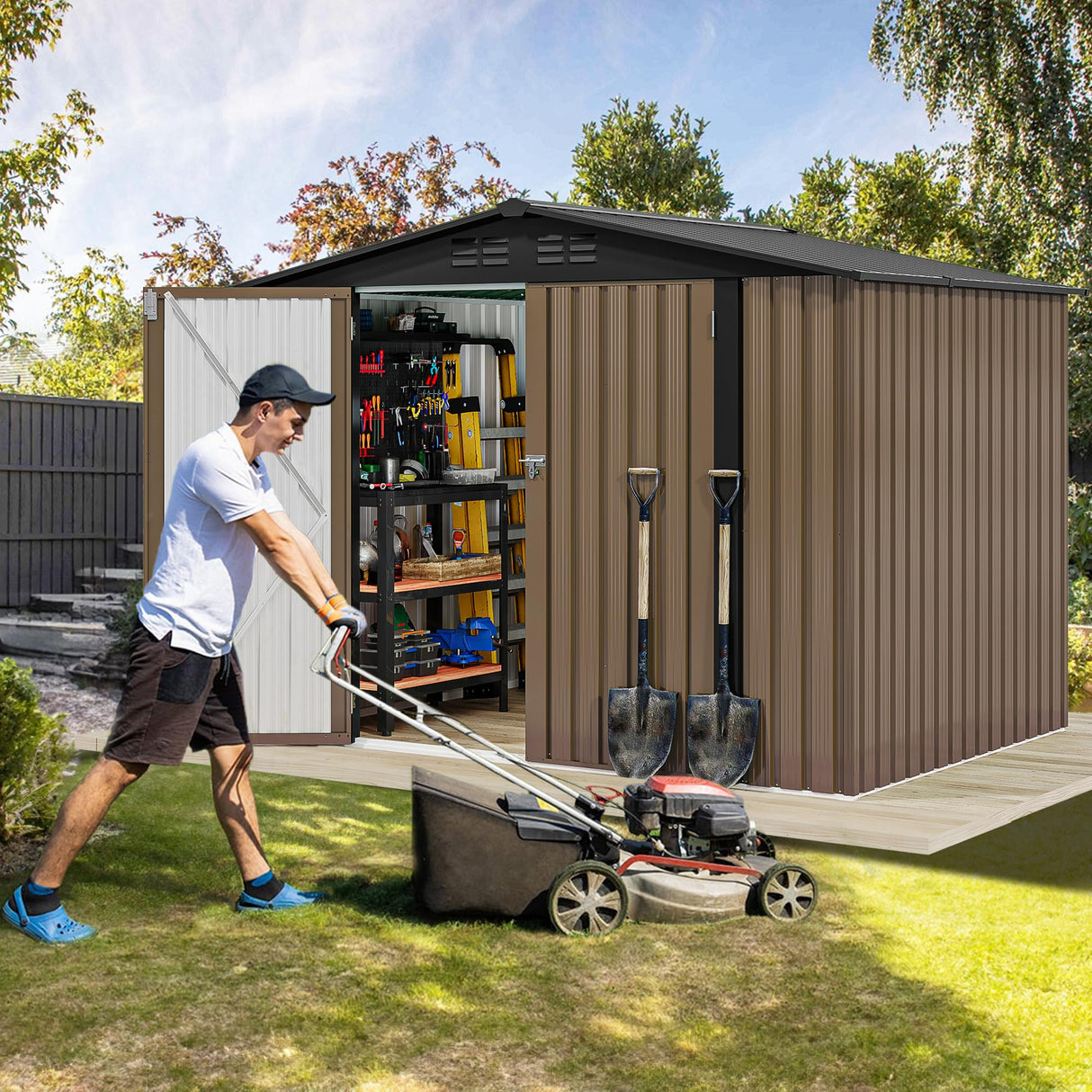 DWVO 8x6 FT Outdoor Storage Shed, Large Metal Tool Sheds, Heavy Duty Storage House with Lockable Doors & Air Vent for Backyard Patio Lawn to Store Bikes, Tools, Lawnmowers, Brown DWVO