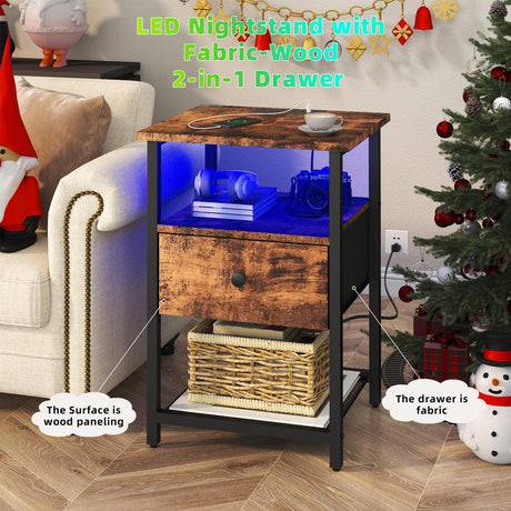 HDDDZSW LED Nightstands Set of 2 with Charging Station, Bedside Tables with USB Ports and Outlets, End Table with Fabric-Wood 2-in-1 Drawer for Small Spaces, Vintage Side Table for Bedroom,Living Room HDDDZSW