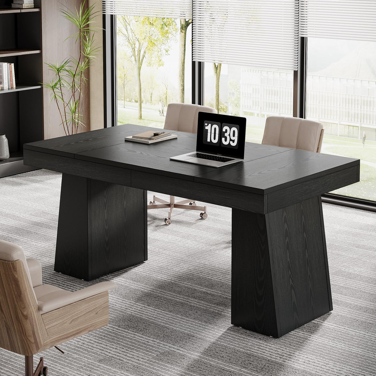 Tribesigns 55 Inches Executive Desk, Mid-Century Modern Home Office Desk with Double Trapezoid Base, Wood Computer Desk Business Workstation Desk Small Conference Table, Black Tribesigns