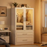PAKASEPT Armoire Wardrobe Closet with Glass Door and Drawers, Bedroom Closet Wardrobe Cabinet with Hanging Rod, Lighted Freestanding Armoire Storage Cabinet for Bedroom Cloakroom White PAKASEPT