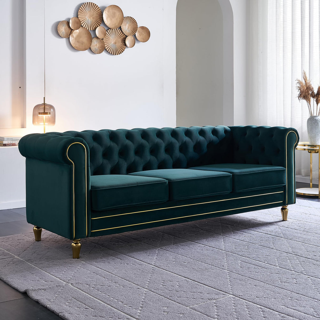 Homtique 84" Modern Green Velvet Chesterfield Sofa, 3-Seater, Button Tufted, Rolled Arms, Gold Legs Homtique