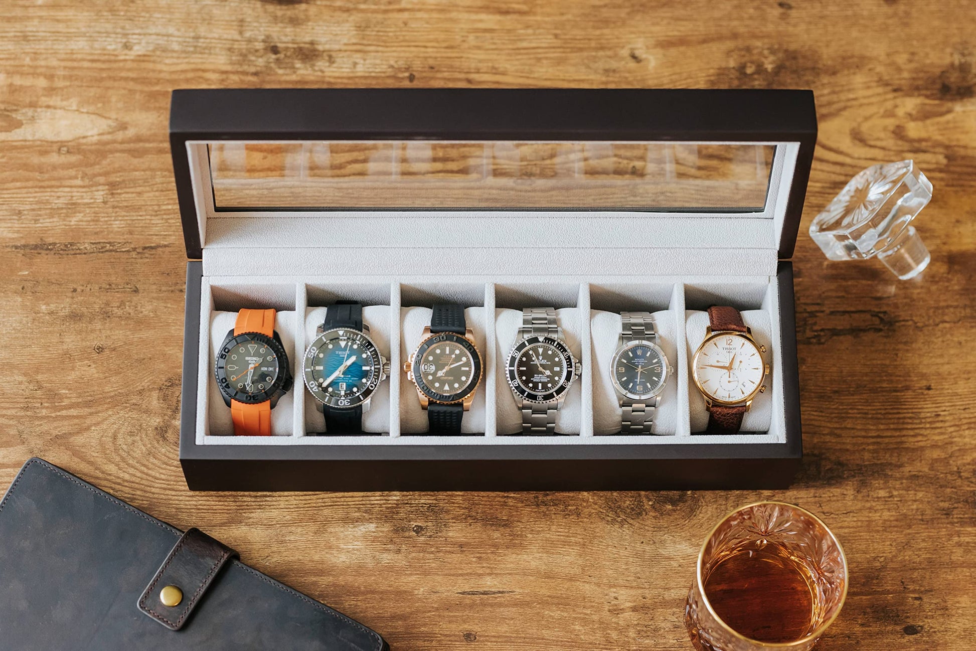 CASE ELEGANCE Solid Espresso Wood Watch Box Organizer with Glass Display Top - WoodArtSupply