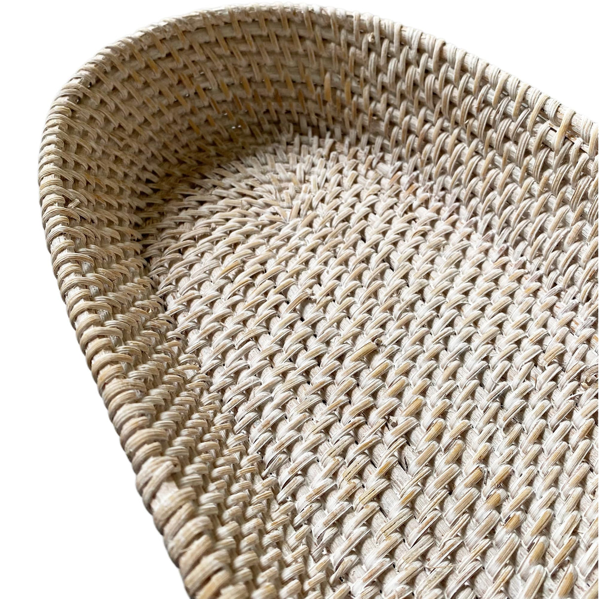 i-lan 17 Inch Long Narrow Oval Serving Basket, Boho Handmade Rattan Bowl Basket with 2 Inch Side,Decorative Loaf,Bread,Rolls,Fruit,Snack Flat Basket Wicker Tray for Serving, Wash White i-lan