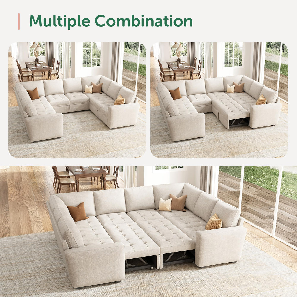 HONBAY Modular Sectional Sleeper Sofa with Pull Out Bed, Linen Convertible U Shaped Sectional Couch with Storage Seat, Sectional Couches for Living Room, Beige HONBAY