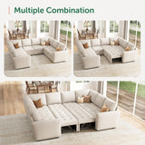 HONBAY Modular Sectional Sleeper Sofa with Pull Out Bed, Linen Convertible U Shaped Sectional Couch with Storage Seat, Sectional Couches for Living Room, Beige HONBAY