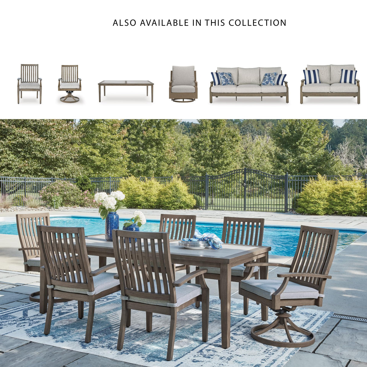 Signature Design by Ashley Rainier Ranch Contemporary Rust Resistant Aluminum High Back Outdoor Arm Chair with Loose Seat Cushion, Set of 2, Light Brown & Beige Signature Design by Ashley