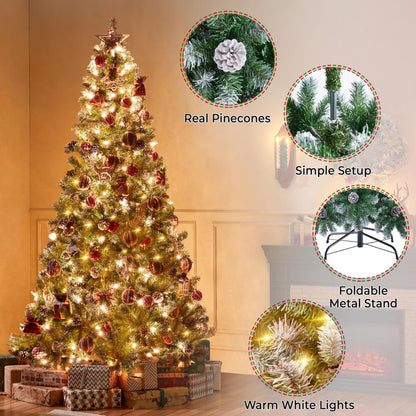 Yaheetech 7.5ft Pre-lit Christmas Tree, Snow Flocked Artificial Christmas Tree with 82 Snow Pinecones & 1346 PVC Branch Tips & 500 Warm White Lights, White & Green