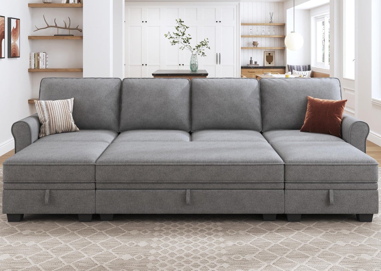 HONBAY Convertible Sectional Sofa Set with Storage Seat U Shaped Sectional Couch with Reversible Chaise Sleeper Sectional Couch Bed for Living Room, Light Grey HONBAY