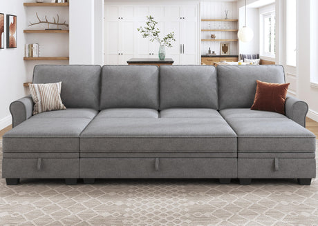 HONBAY Convertible Sectional Sofa Set with Storage Seat U Shaped Sectional Couch with Reversible Chaise Sleeper Sectional Couch Bed for Living Room, Light Grey HONBAY