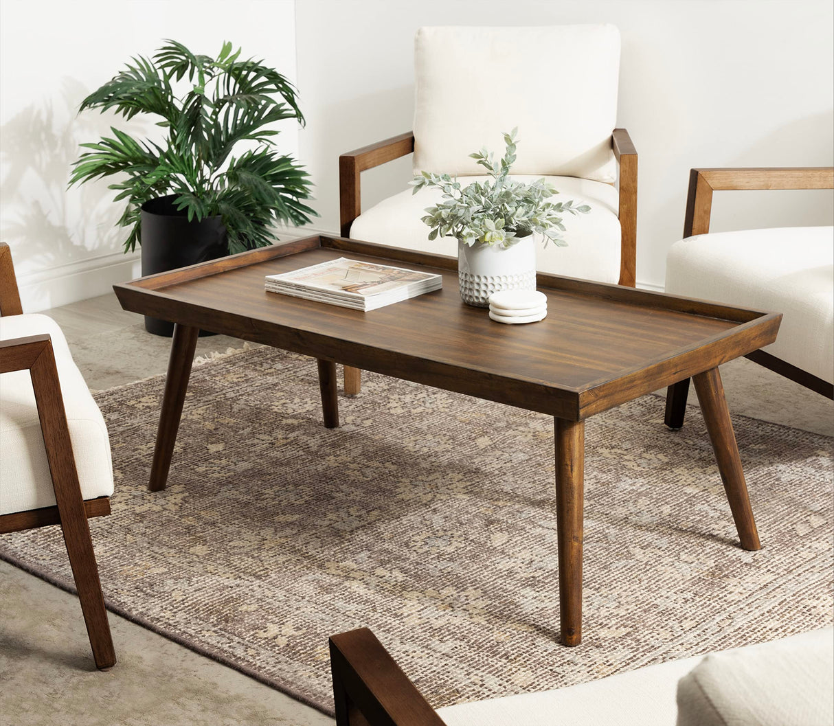 Kate and Laurel Eastmont Rectangle Wood Coffee Table; 46 x 22 x 17; Walnut Brown; Large Mid-Century Wooden Living Room Table with Stylish Tapered Legs and Adjustable Feet Kate and Laurel