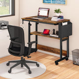 DWVO Height Adjustable Drawing Desk with Charging Station & Wheels, Rolling Craft Table with Tilting Top and Storage Bag, Small Standing & Sitting Laptop Computer Desk (Brown) DWVO