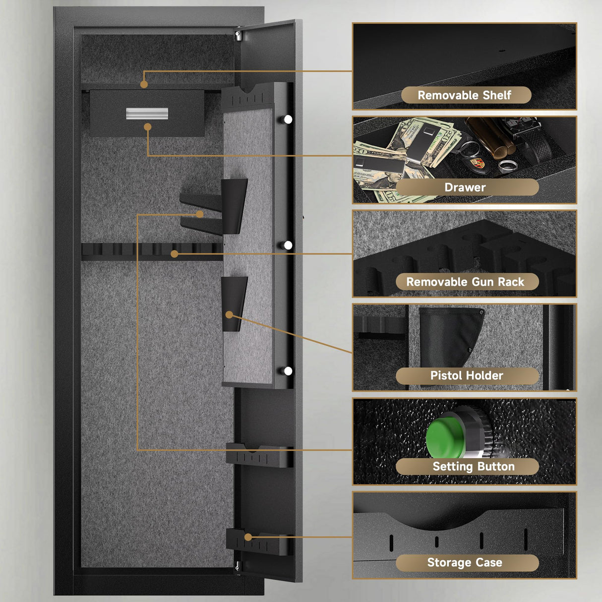 KAER 25 Biometric Gun Safe, Wider and Deeper Fingerprint Gun Safes for Rifle and Pistols, Large Quick Access Heavy-Duty Gun Cabinet for Firearm Ammo with Drawer & Gun Rack, Assembled KAER