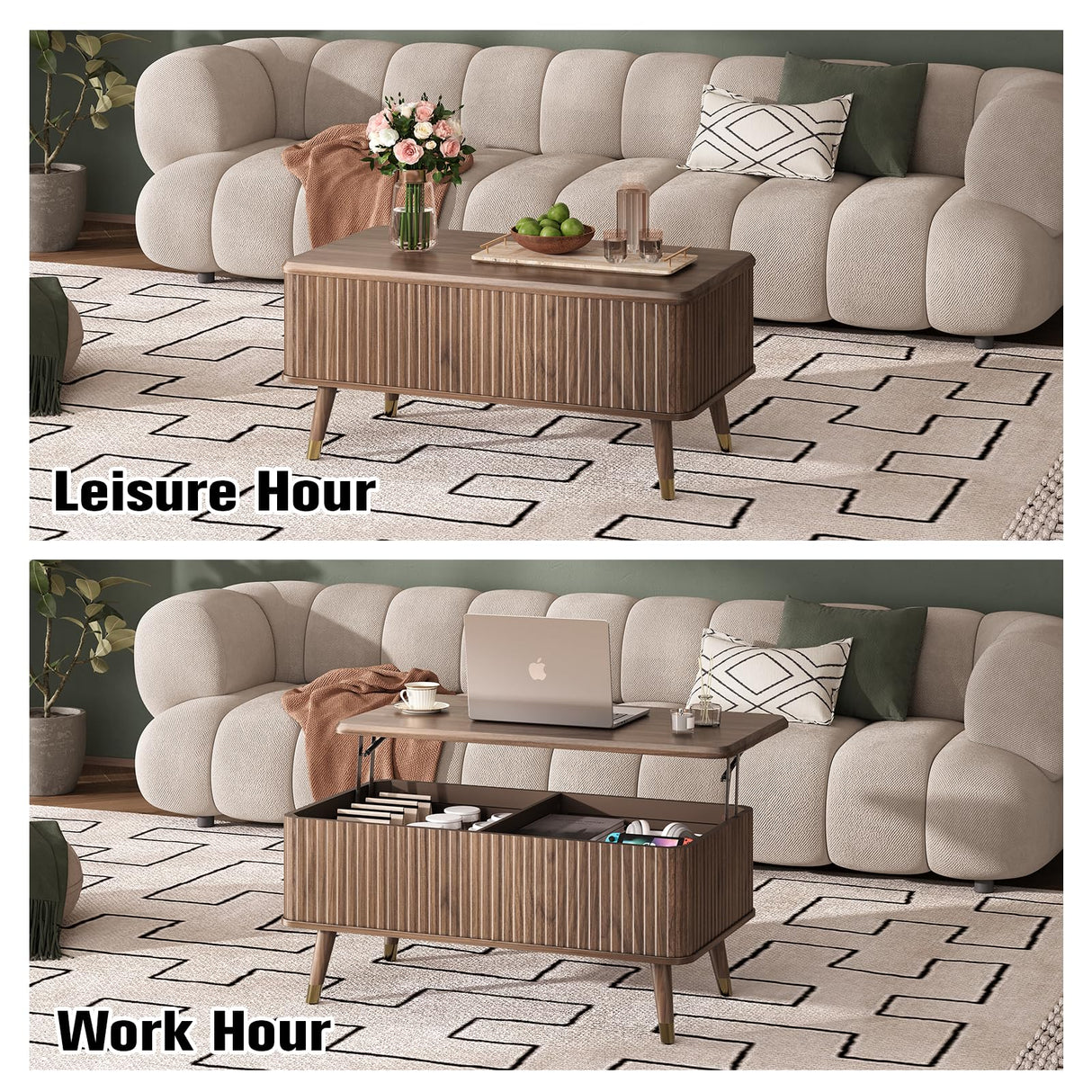 JOINICE Lift Top Coffee Table with Storage, Mid Century Modern Fluted Wood Design,Pop-Up Walnut Center Table with Hidden Compartment for Living Room & Home Office Work/Dining JOINICE