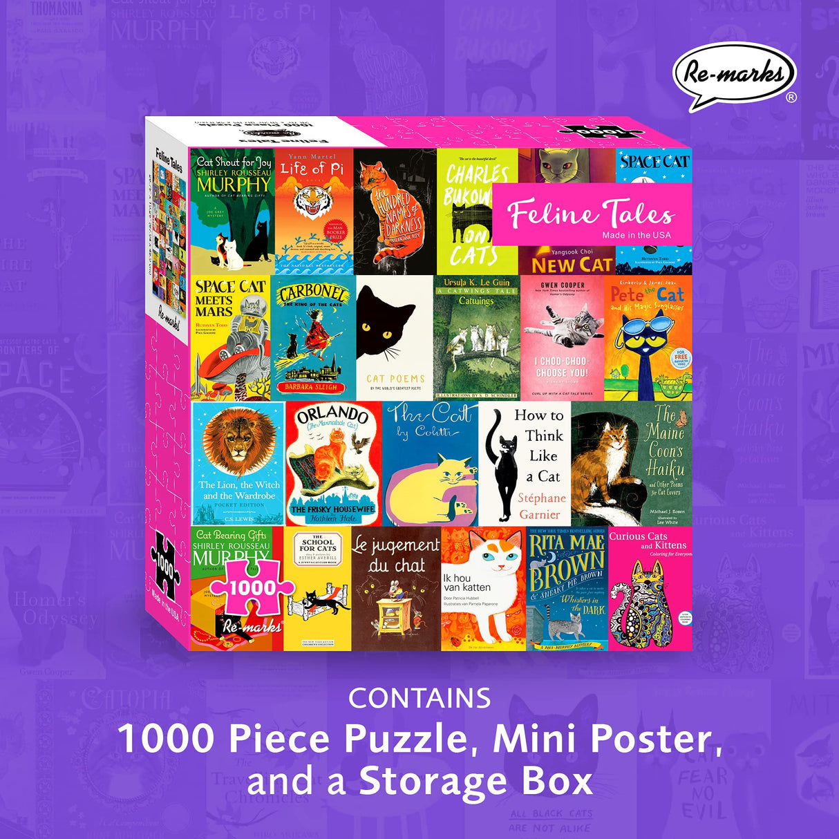 Re-Marks Feline Tales 1000-Piece Puzzle for All Ages, Cat Books Jigsaw Puzzle, Family Puzzle Re-Marks