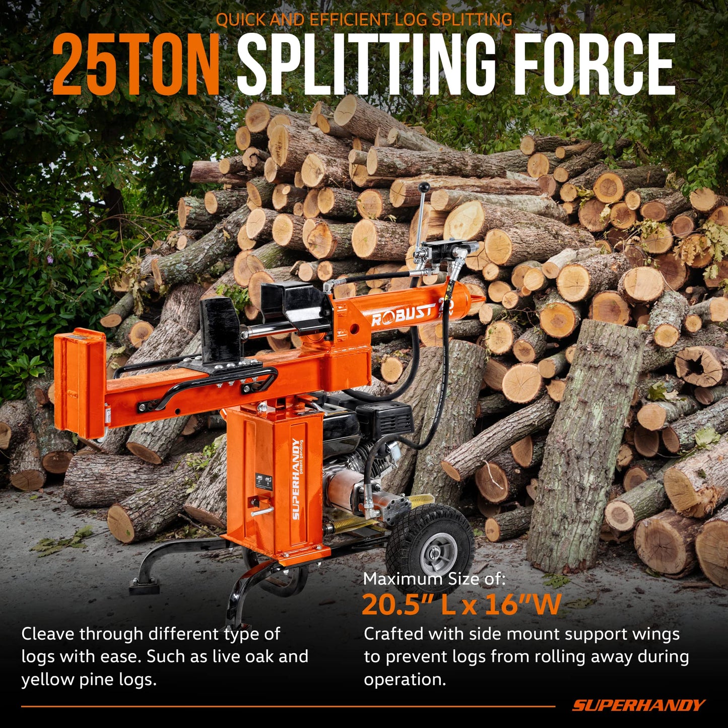 SuperHandy Portable 25 Ton Gas Log Splitter with 7HP Engine, Bucher Gear Pump, and Horizontal/Vertical Half Beam Steel Wedge for Firewood Splitting - WoodArtSupply