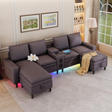 HYZQ Sectional Couches for Living Room, 4 Seat Sectional Sofa with Smart Module-Bluetooth Speaker/RGB Light/Charging Station, Teddy Fleece U Shaped Cloud Couch with Storage Ottoman (Dark Grey) HYZQ