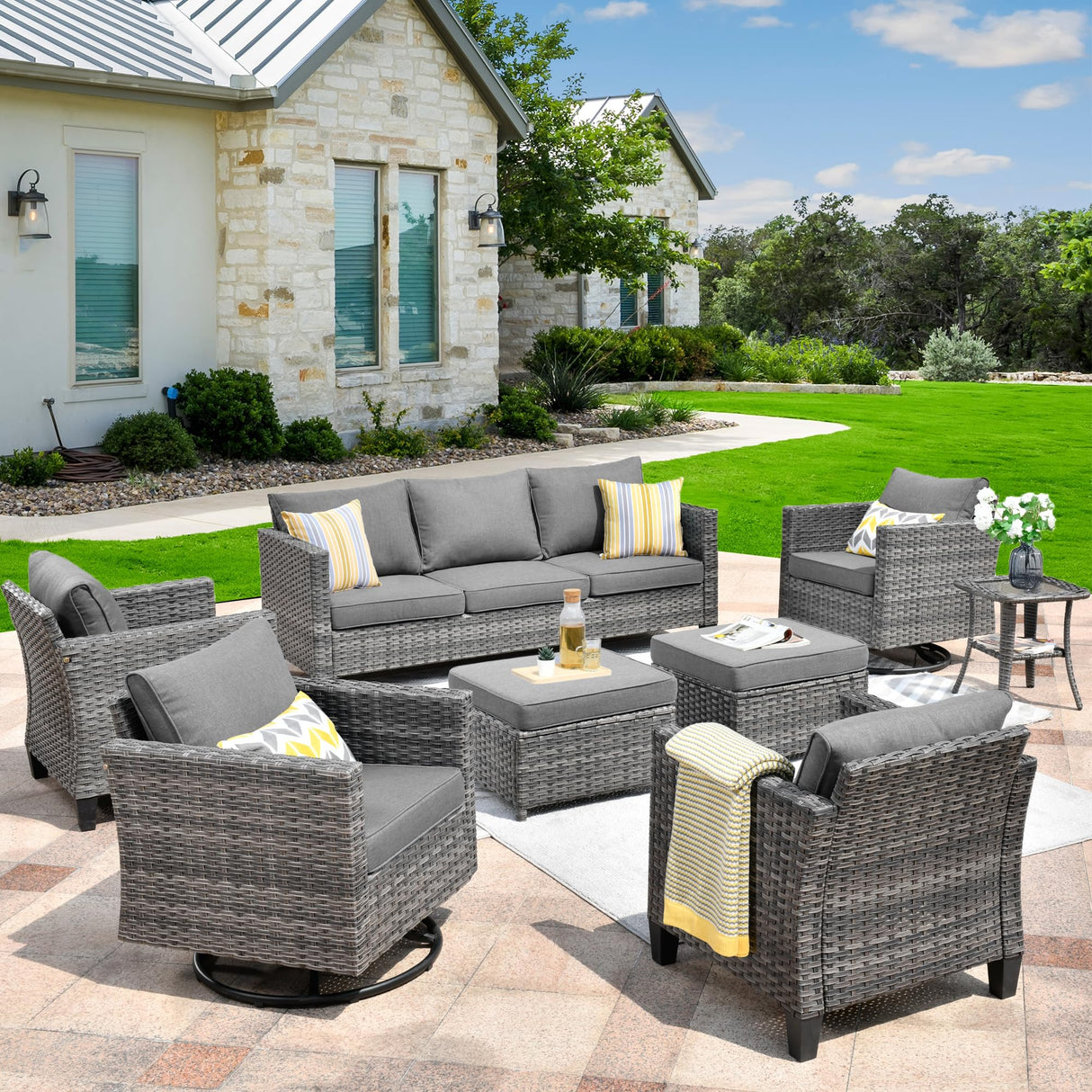 HOOOWOOO Wicker Patio Conversation Sets,8 Piece Outdoor Furniture Set with Swivel Rocking Chairs,All Weather Resistant Modern Outside Out Door Rattan Couch Chairs Side Table Set,Charcoal Gray HOOOWOOO