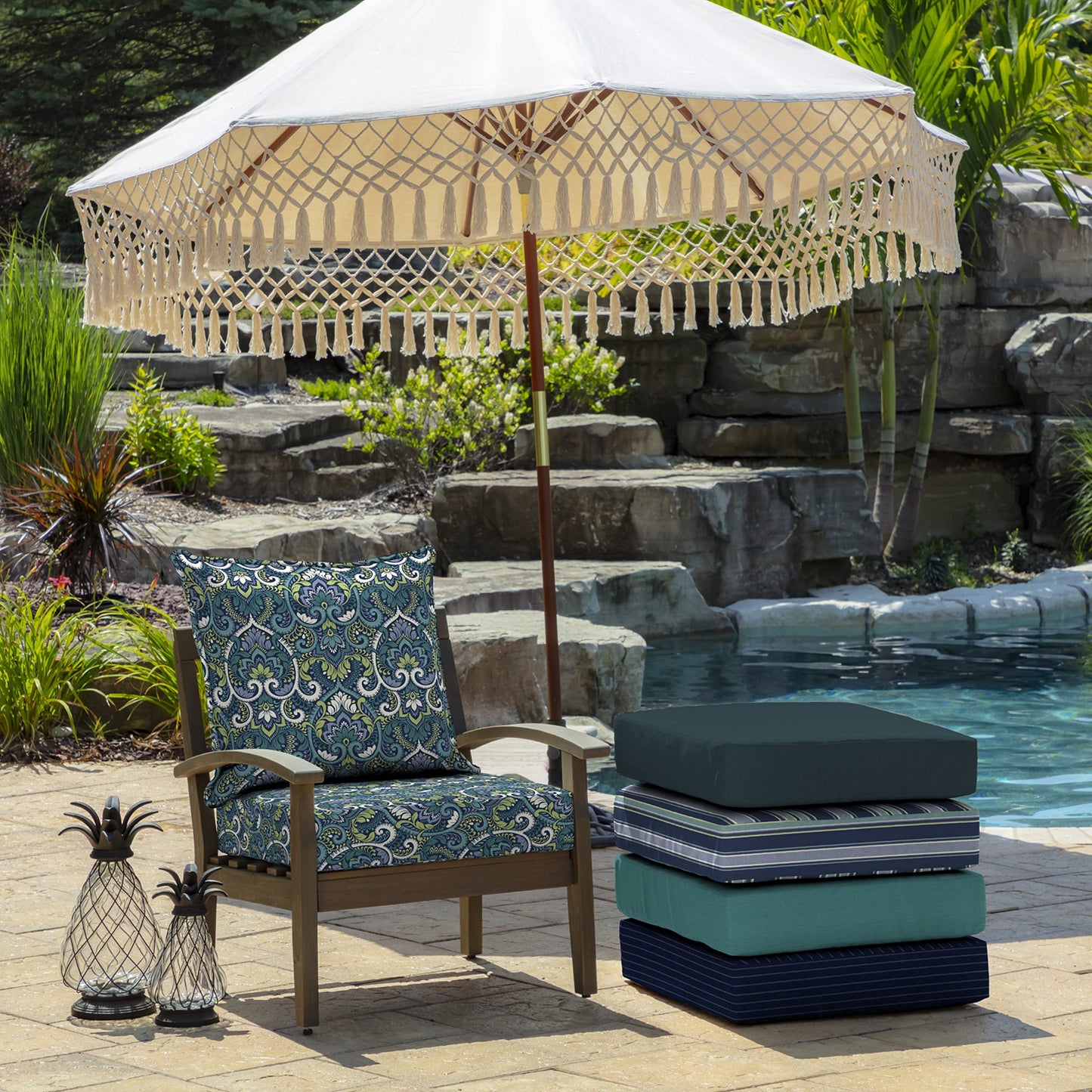 Arden Selections Outdoor Deep Seat Cushion Set, 24 x 24, Rain-Proof, Fade Resistant, Deep Seat Bottom and Back Cushion for Chair, Sofa, and Couch, 24 x 24, Sapphire Aurora Blue Damask - WoodArtSupply