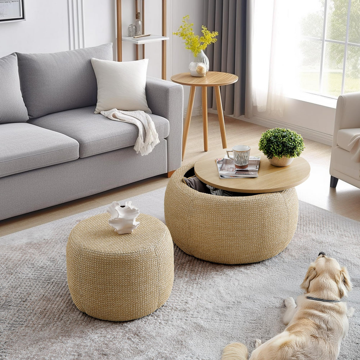 Chorlenimi Ottoman with Storage Round Footstool Stool Small Ottoman with Storage Foldable Ottomans Foot Rest Footstool Bench Wooden Lid for Living Room(Natural, 25'') Chorlenimi