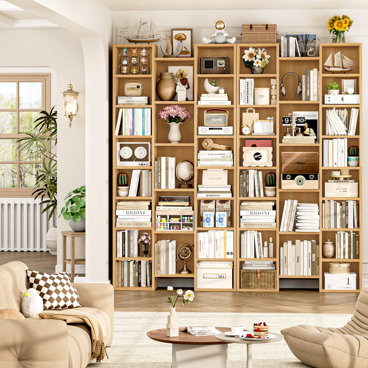 FOTOSOK 71’’ Tall Bookshelf, Triple Wide Bookshelf with Adjustable Shelves, 8 Tier Media CD DVD Storage Rack, Diaplay Cabinet Shelf, Wooden Book Shelf DVD Storage Shelf for Home Office, Natural FOTOSOK