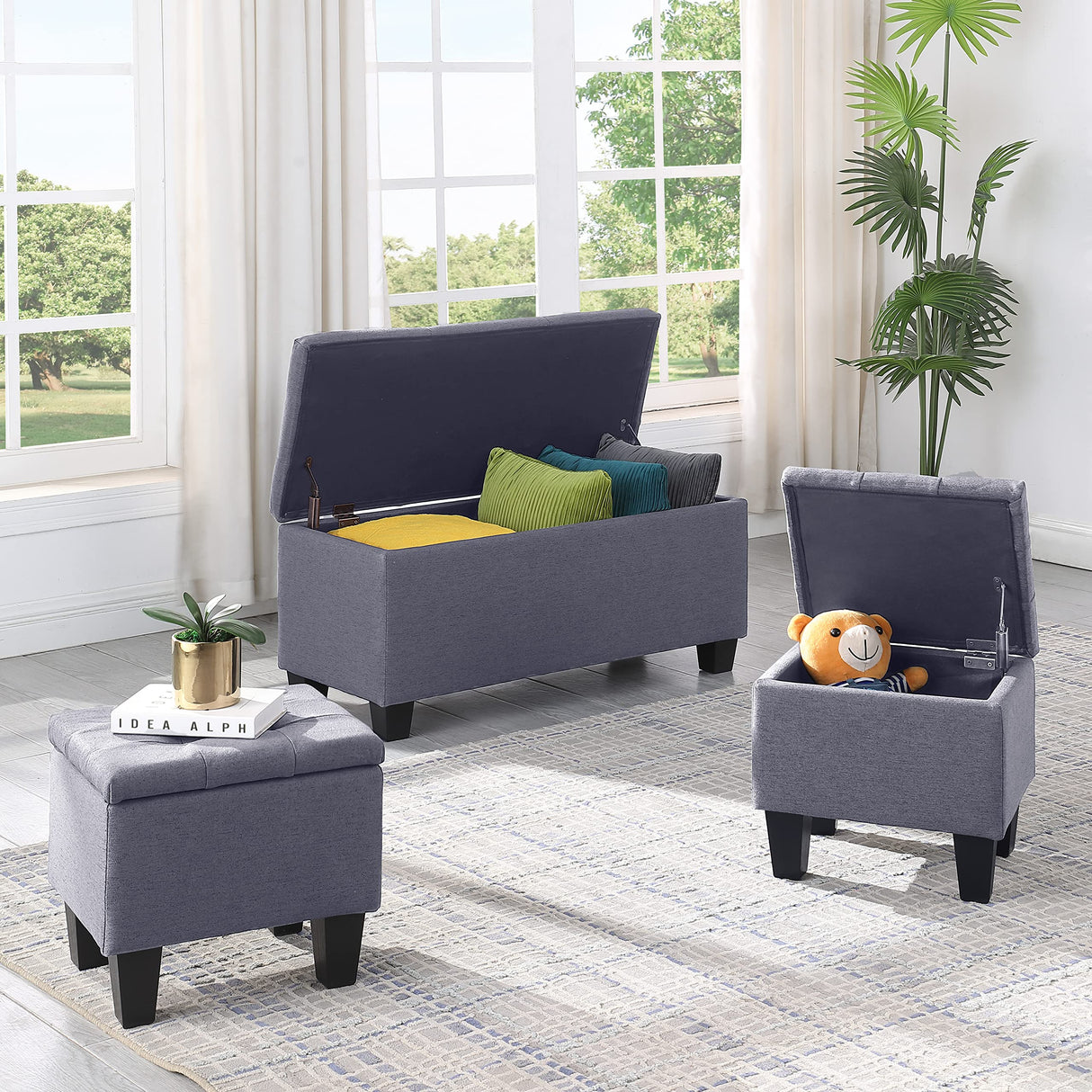 Tassullo Hinged Storage Ottoman Set of 3, 38'' Living Room Storage Bench with Thick Seating, 2pcs Small Square Dorm Stool Couch Side Foot Rest Tassullo