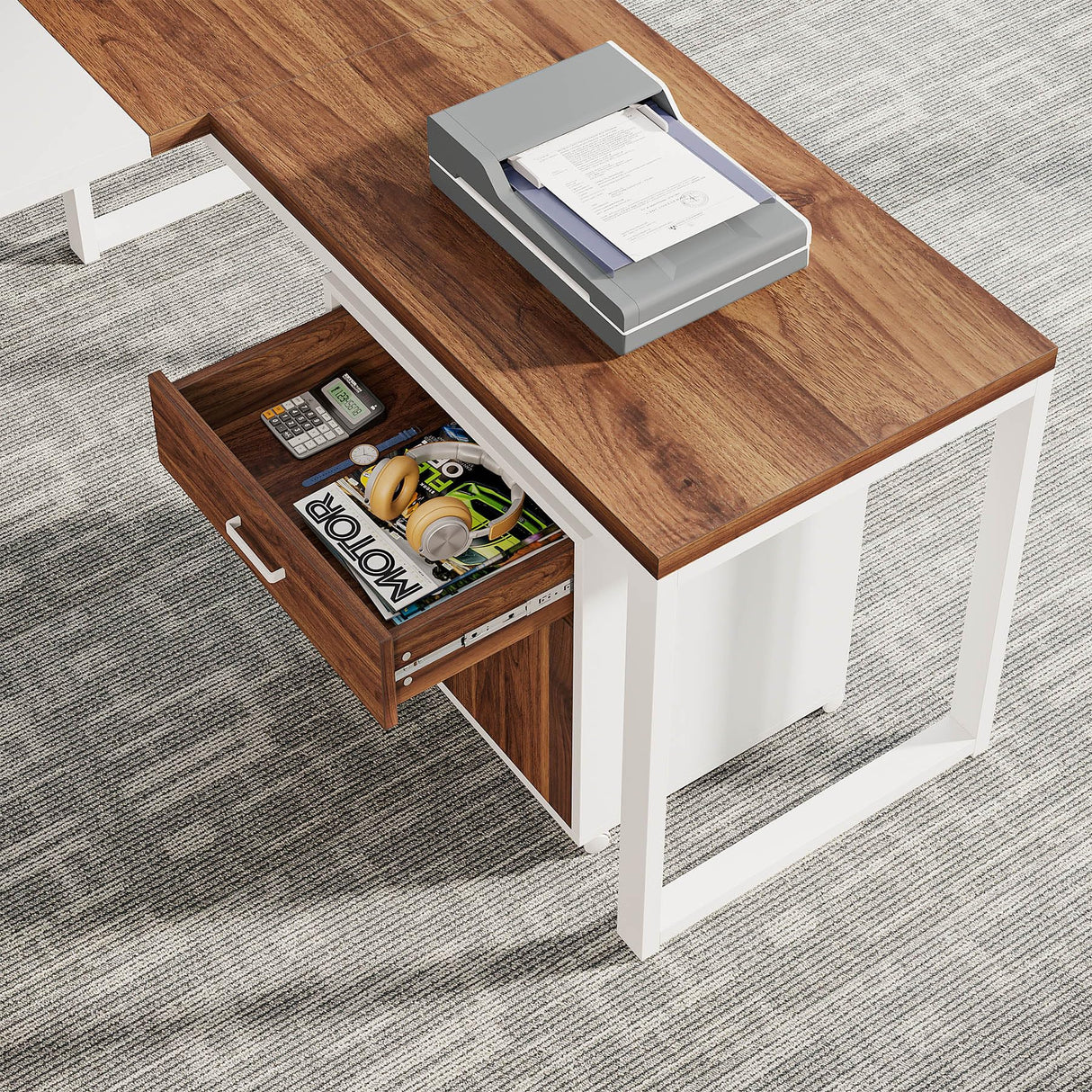 Tribesigns 70.8-Inch Executive Desk with Mobile File Cabinet, Large L Shaped Computer Desk with Storage Cabinet, L-Shaped Desk with Drawer Cabinet for Home Office, Walnut & White Tribesigns