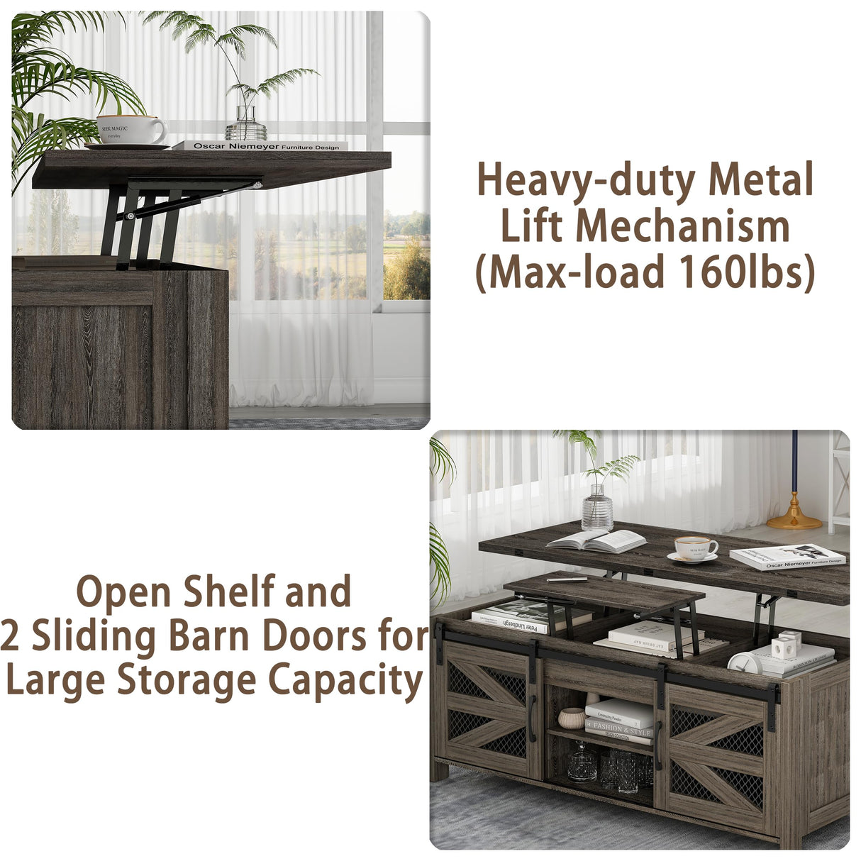 wanan 47.2" Lift Top Coffee Table, 4 in 1 Farmhouse Coffee Table with Sliding Barn Doors, Coffee Tables for Living Room, Dining Room (Grey) wanan