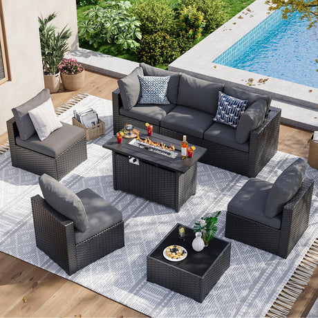 Aoxun 8 Piece Patio Furniture Set with 44” Fire Pit Table Wicker Rattan Patio Sectional Sofa Set Outdoor Seating Furniture with Thickened Cushion, Grey Aoxun