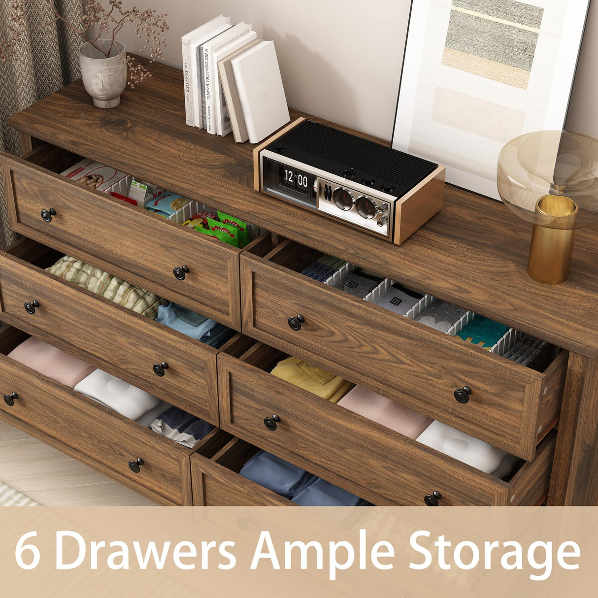 Walnut 6 Drawers Dresser for Bedroom, 55'' Wide Modern Wood Dresser with Black Handles, Large TV Stand Chest of Storage Drawers for Hallway, Living Room Tradare