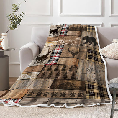 Torich Rustic Farmhouse Throw Blankets, Cabin Hunting Deer Bear Sports Cozy Warm Bed Couch Blanket, Country Wooden Hunting Camping Forest White Fleece Flannel Throws to Decorate The Room and Bedroom