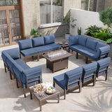 Kurapika 15 Pieces Metal Patio Furniture Set Modern Metal Outdoor Conversation Sets w/45in Propane Fire Pit Table, Patio Sectional Sofa w/5 Inch Cushion, Navy Blue Kurapika