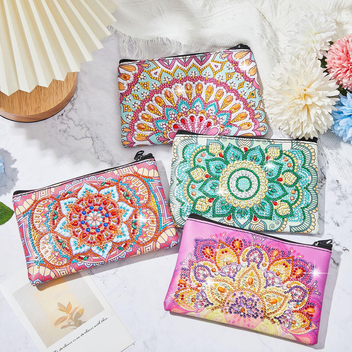 Silkfly 4 Pcs Diamond Painting Art Makeup Bags DIY Purses Toiletry 5d Handmade Double Design Diamond Painting Cosmetic Bags Bulk with Zipper Rhinestone Accessories for Women(Mandala) Silkfly