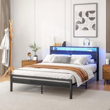 Queen Bed Frame with Storage Headboard/LED Lights,Metal Platform Bed Frame Queen Size with Storage Charging Station,Queen Bed Frame No Box Spring Needed,Heavy Duty Metal Slats,Bed Base,No Noise,Black HOJINLINERO