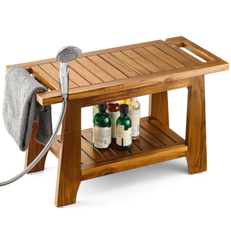Tinamo 28" Teak Shower Benches for Inside Shower - Wooden Shower Stool Waterproof for Shaving Legs - Bench Seat with Storage Towel Shelf for Bathroom - Chair Spa Bath Nail Shave (Teak Wood 28 Inch) Tinamo