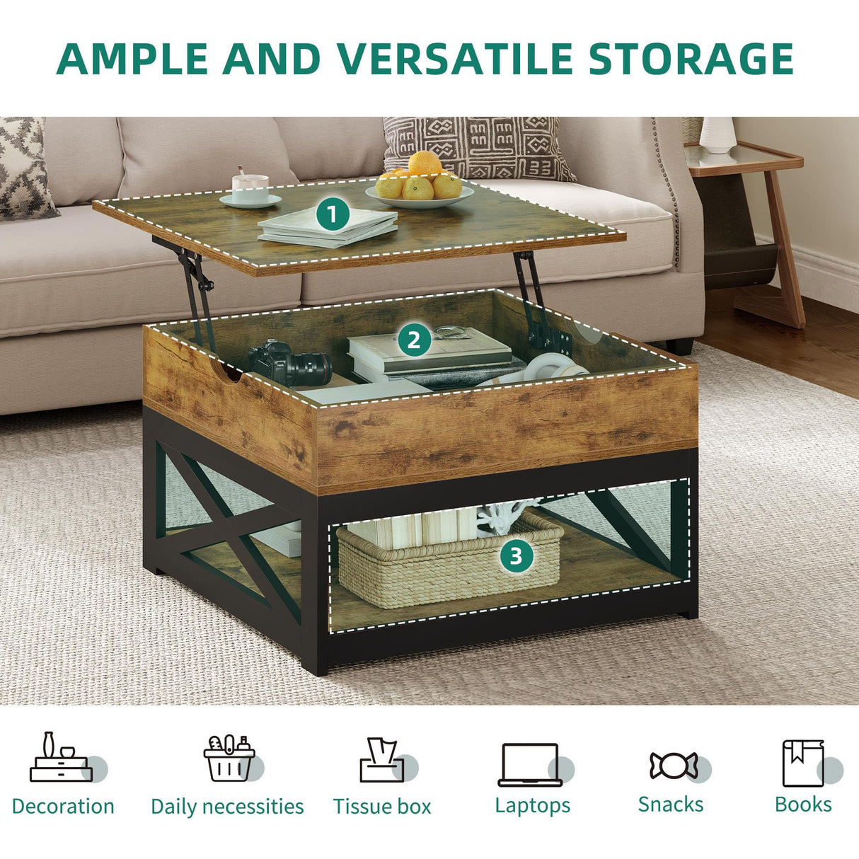 YITAHOME Lift Top Coffee Table with Storage, Farmhouse Coffee Tables for Living Room, Square Coffee Table with Lifting Top Wooden Coffee Tables Center Cocktail Table, Rustic Brown YITAHOME