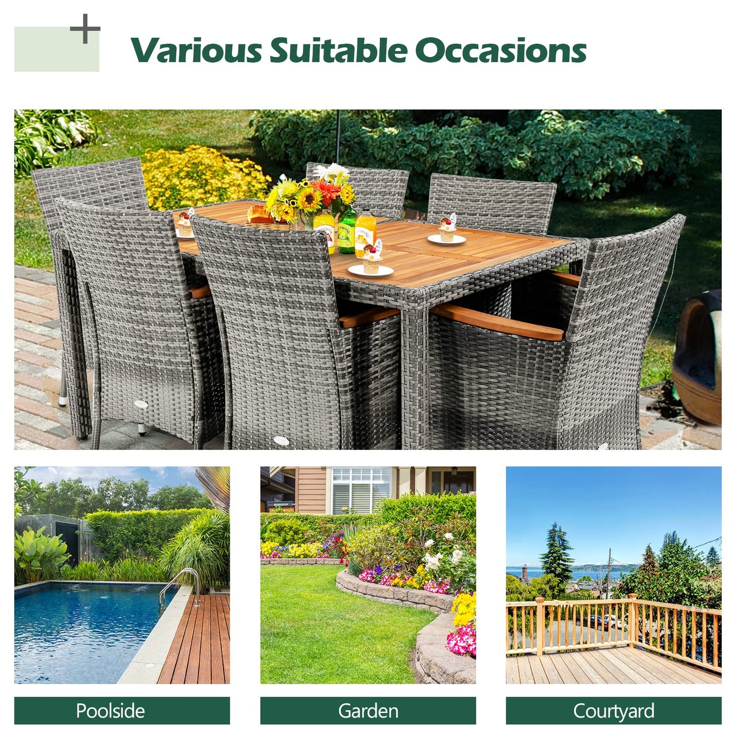 COSTWAY 7PCS Patio Rattan Dining Set Acacia Wood Table Cushioned Chair Mix Gray