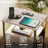TRIFEBLE Night Stand Set 2, End Table with Charging Station, LED Bedside Table with Fabric Drawer for Bedroom, 3-Tier Side Table with Open Shelf, Greige TRIFEBLE